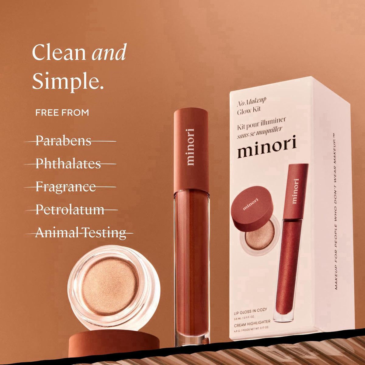Minori No Makeup Glow Kit, Lip Gloss & Highlighter Duo, 2-Piece Set – back view and specifications