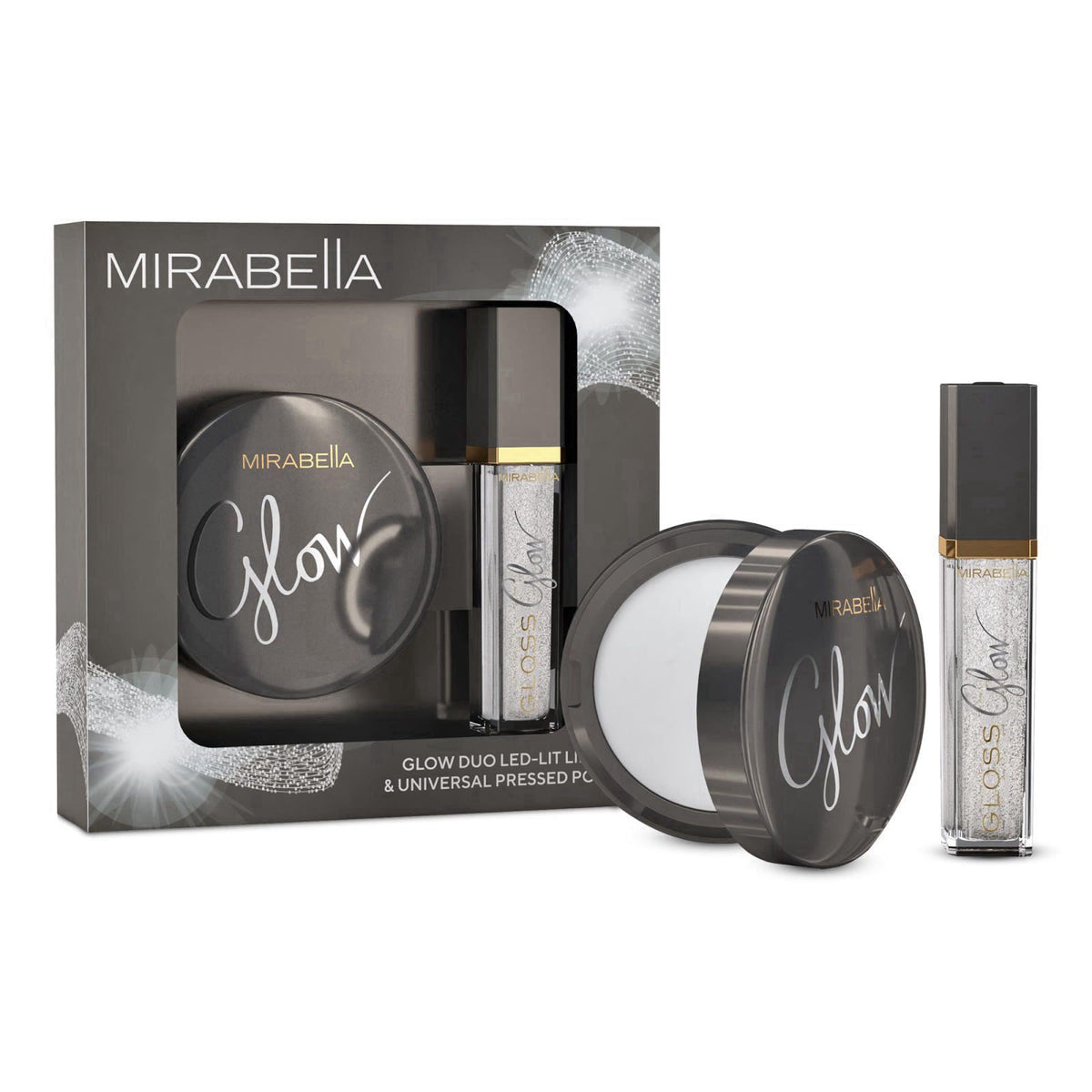 Mirabella Glow Duo, LED Lit Lip Gloss & Hyaluronic Pressed Powder Gift Set - Universal Pressed Powder with LED Light & M