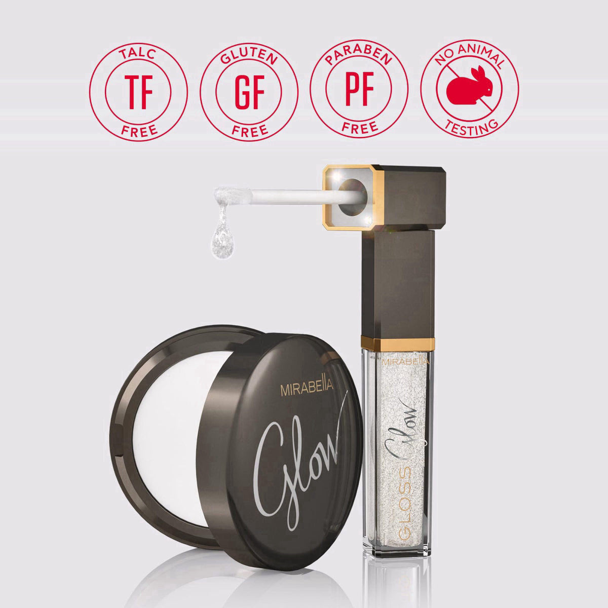 Mirabella Glow Duo, LED Lit Lip Gloss & Hyaluronic Pressed Powder Gift Set - Universal Pressed Powder with LED Light & M
