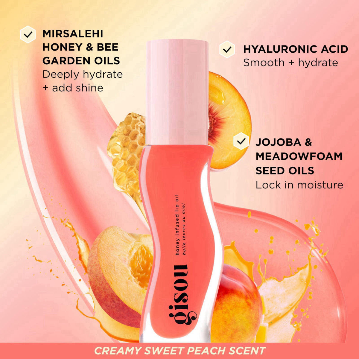 Gisou Honey Infused Lip Oil (0.27 Fl Oz) - Bee-llini Peach – back view and specifications