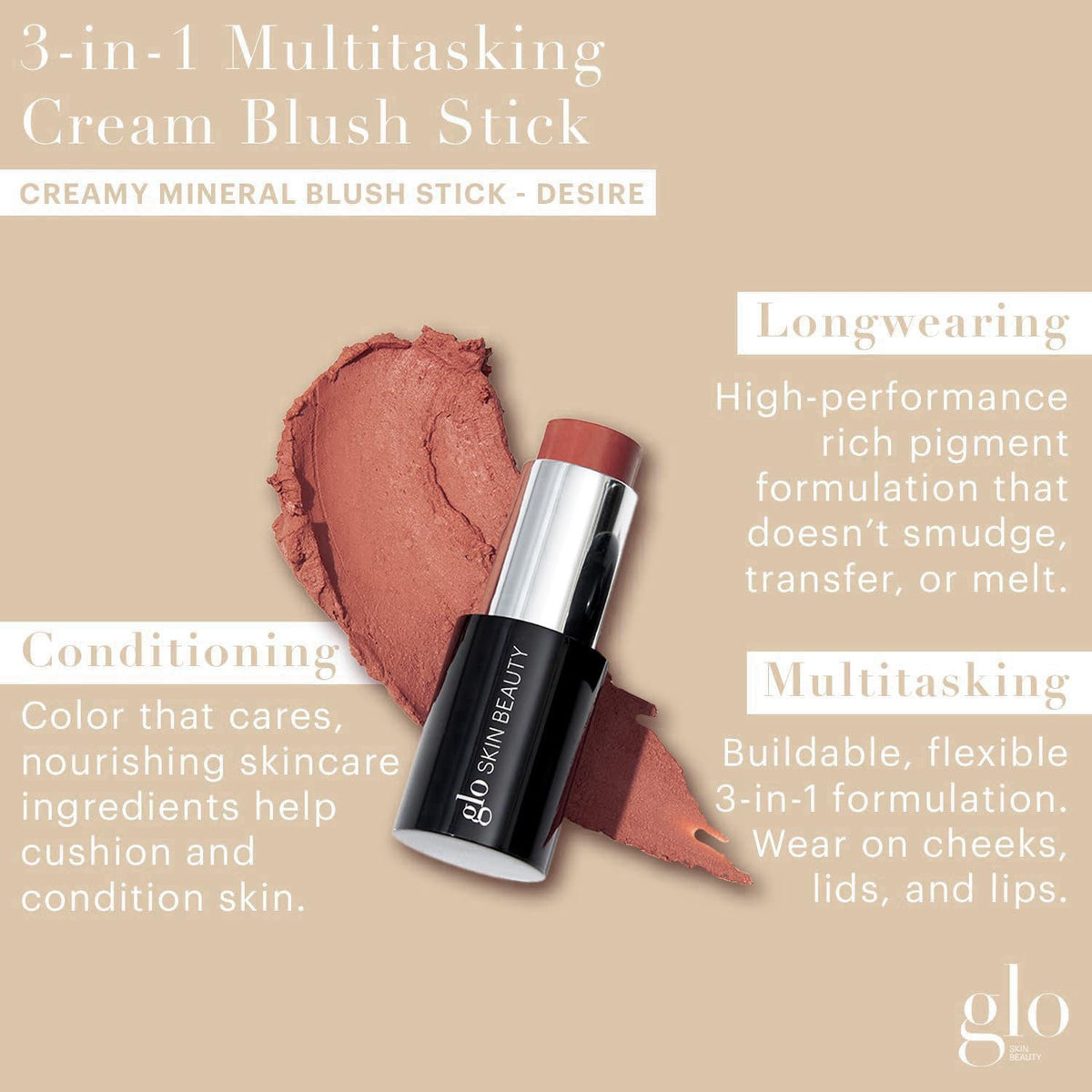 Glo Skin Beauty Cream Blush Stick Desire, 3-in-1 Cheek Lip Lid, 0.21 oz – packaging and label