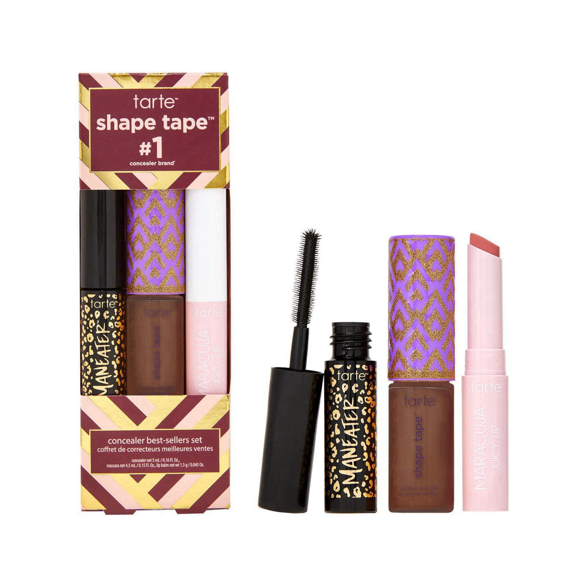 tarte shape tape best-sellers set – Shape Tape Concealer, Hydrating Lip Gloss Balm & Mascara for Curl, Volume & Length, 