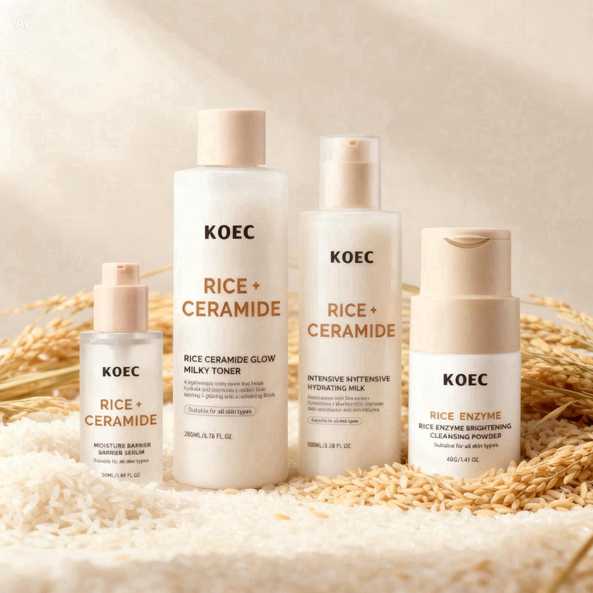 BEAUTIVANA Rice Korean Skincare Set, 4-Step Routine with Face Wash, Toner Mist, Hyaluronic Acid Serum & Moisturizing Cre