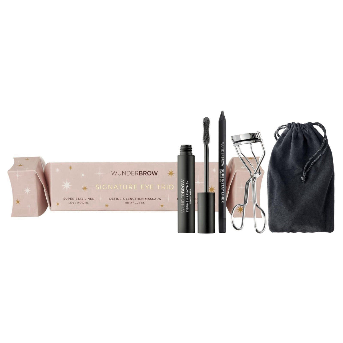 Wunderbrow Signature Eye Trio Festive Cracker, Holiday Gift Set, Includes Mascara, Black Eyeliner and an Eyelash Curler 