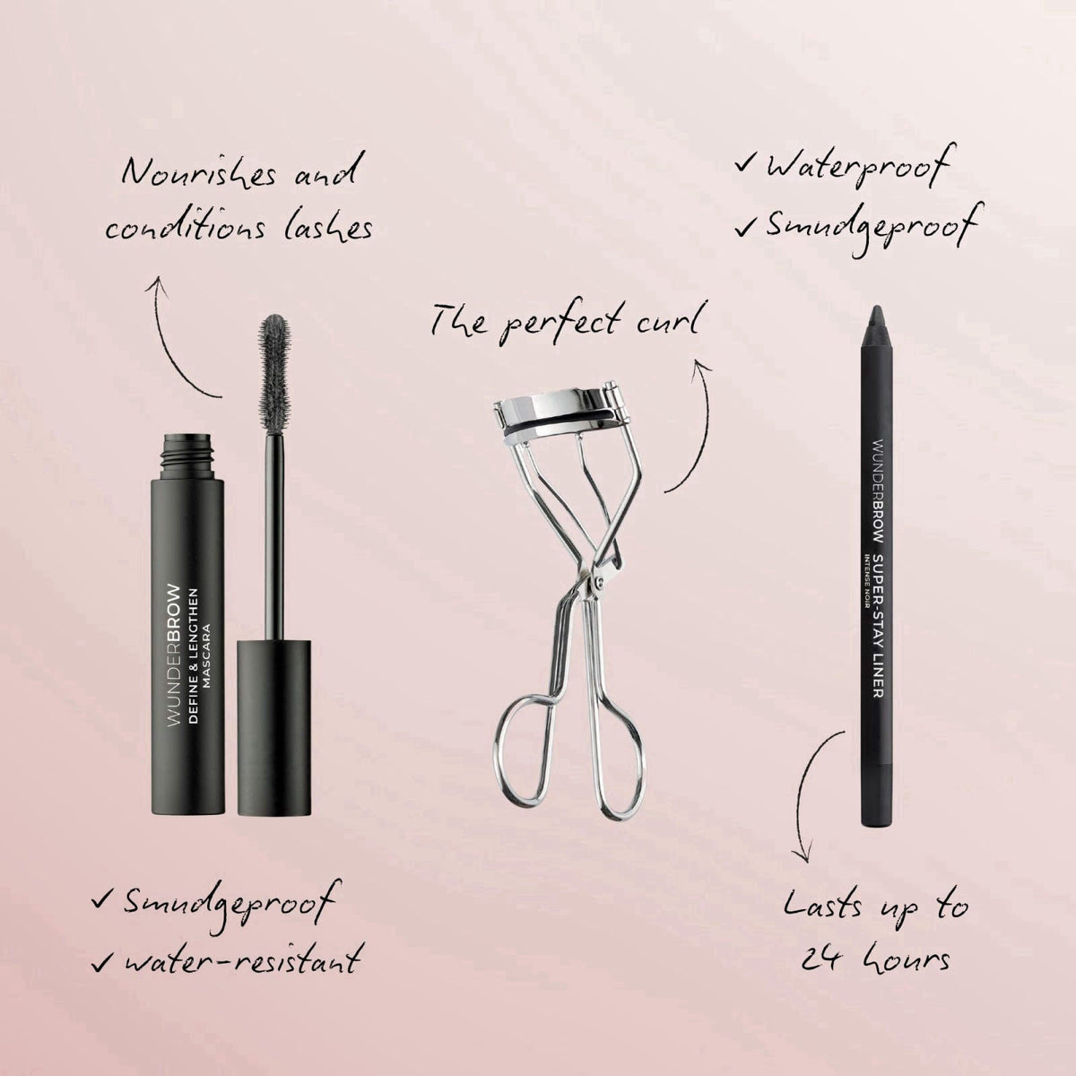 Wunderbrow Signature Eye Trio Festive Cracker, Holiday Gift Set, Includes Mascara, Black Eyeliner and an Eyelash Curler 