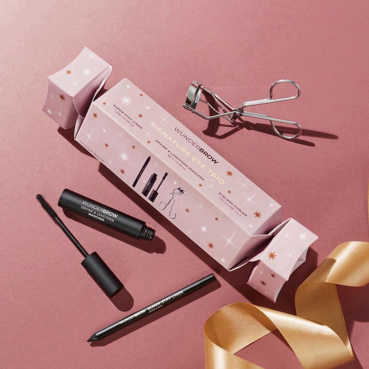 Wunderbrow Signature Eye Trio Festive Cracker, Holiday Gift Set, Includes Mascara, Black Eyeliner and an Eyelash Curler 
