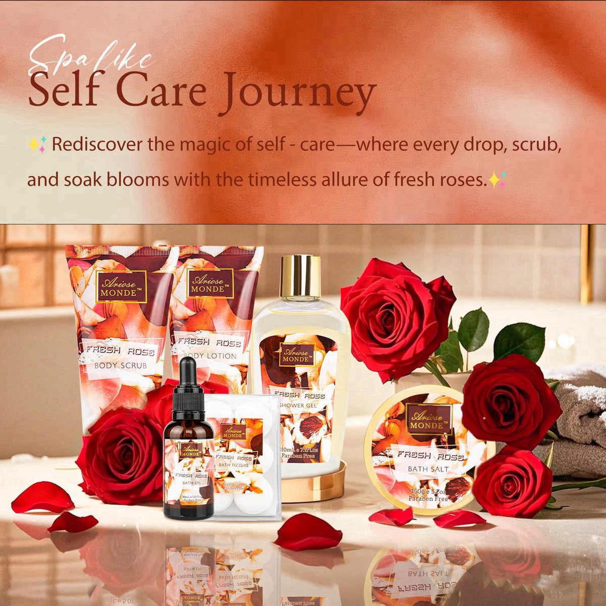 ArioseMonde Spa Gift Set for Women, 8pc Fresh Rose Relaxing Bath Set for Women Gift – packaging and label