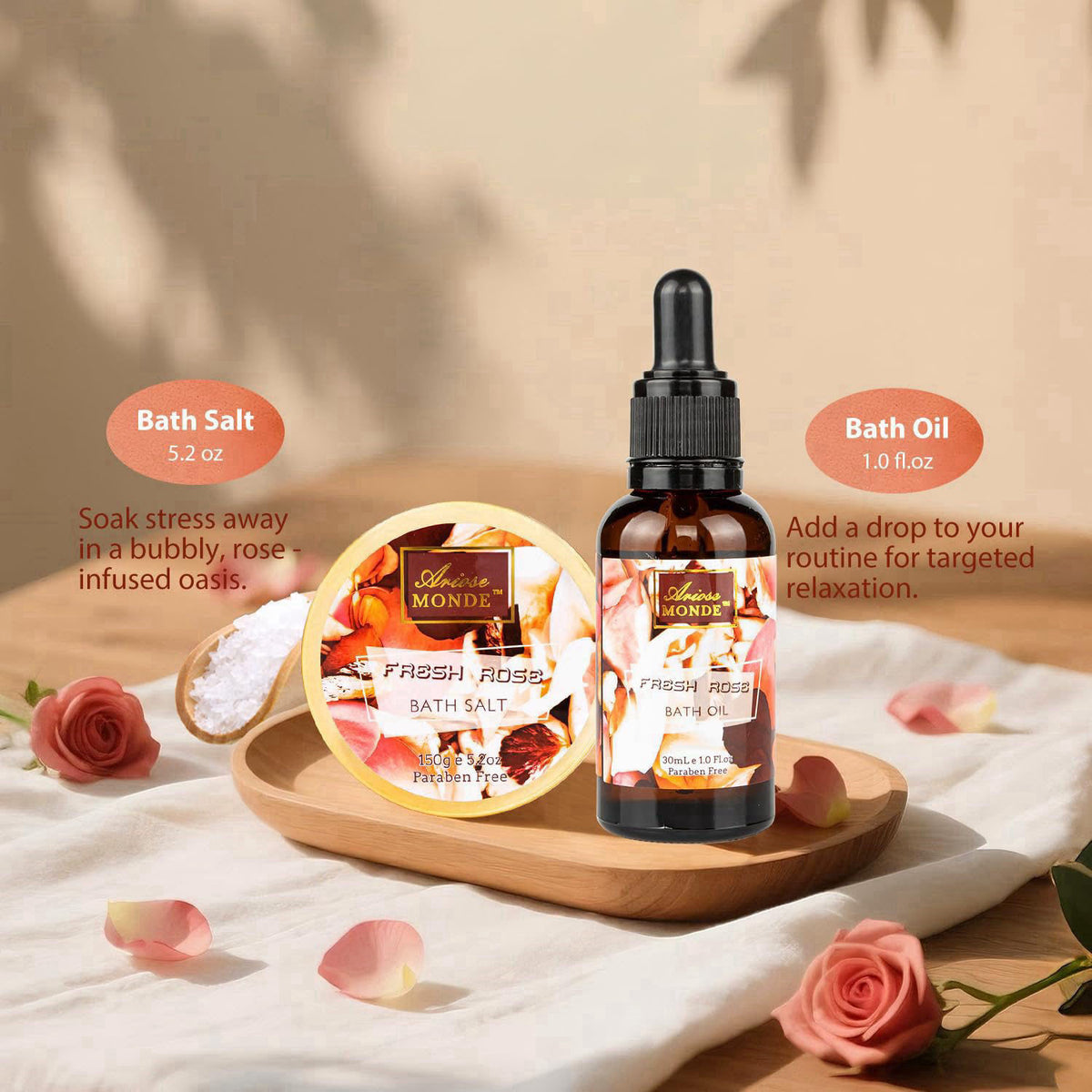 ArioseMonde Spa Gift Set for Women, 8pc Fresh Rose Relaxing Bath Set for Women Gift – back view and specifications
