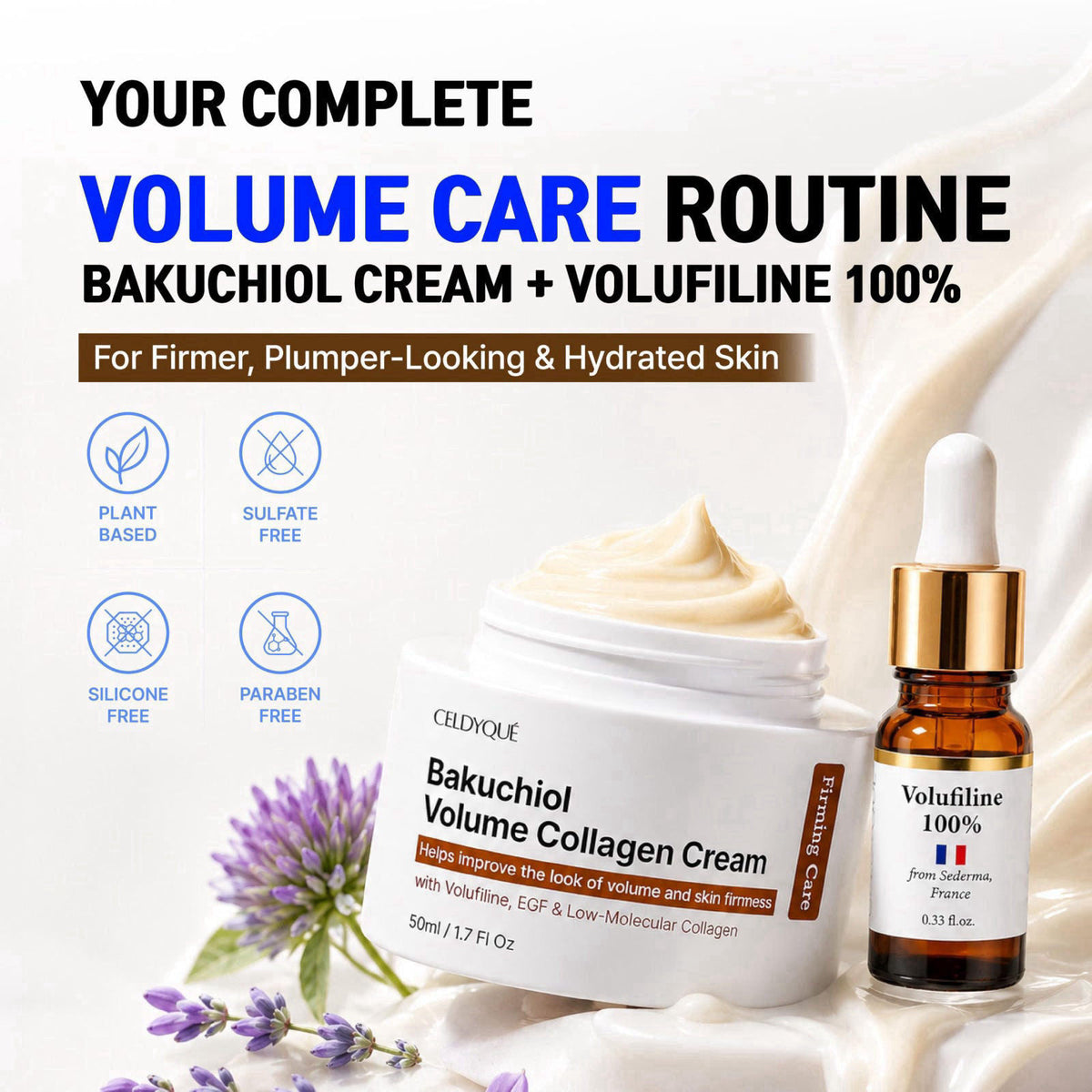CELDYQUE Bakuchiol Volume Collagen Cream & Volufiline Concentrate Serum Set – close-up detail