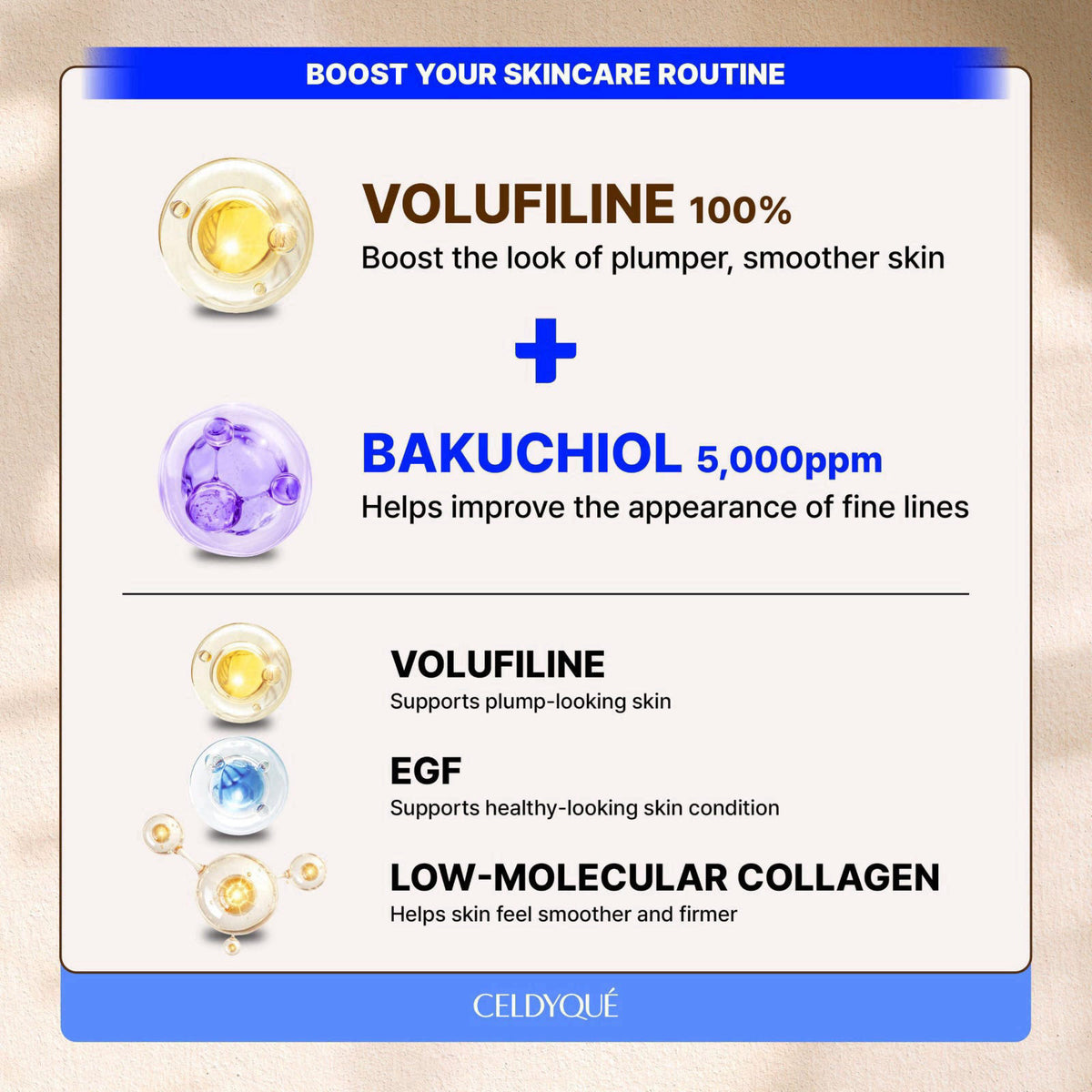 CELDYQUE Bakuchiol Volume Collagen Cream & Volufiline Concentrate Serum Set – packaging and label