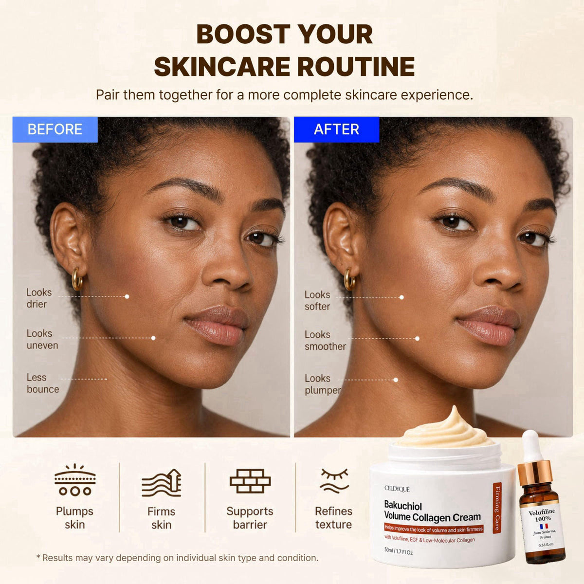 CELDYQUE Bakuchiol Volume Collagen Cream & Volufiline Concentrate Serum Set – back view and specifications