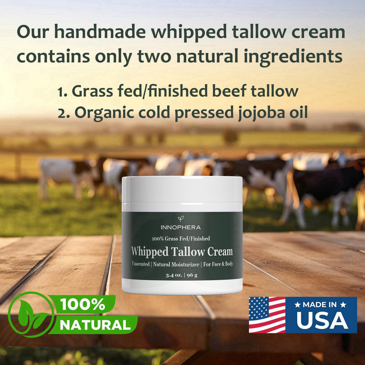Innophera Whipped Beef Tallow Cream for Skin Care ‒ Grass Fed & Grass Finished ‒ 100% Natural Moisturizer for Sensitive 