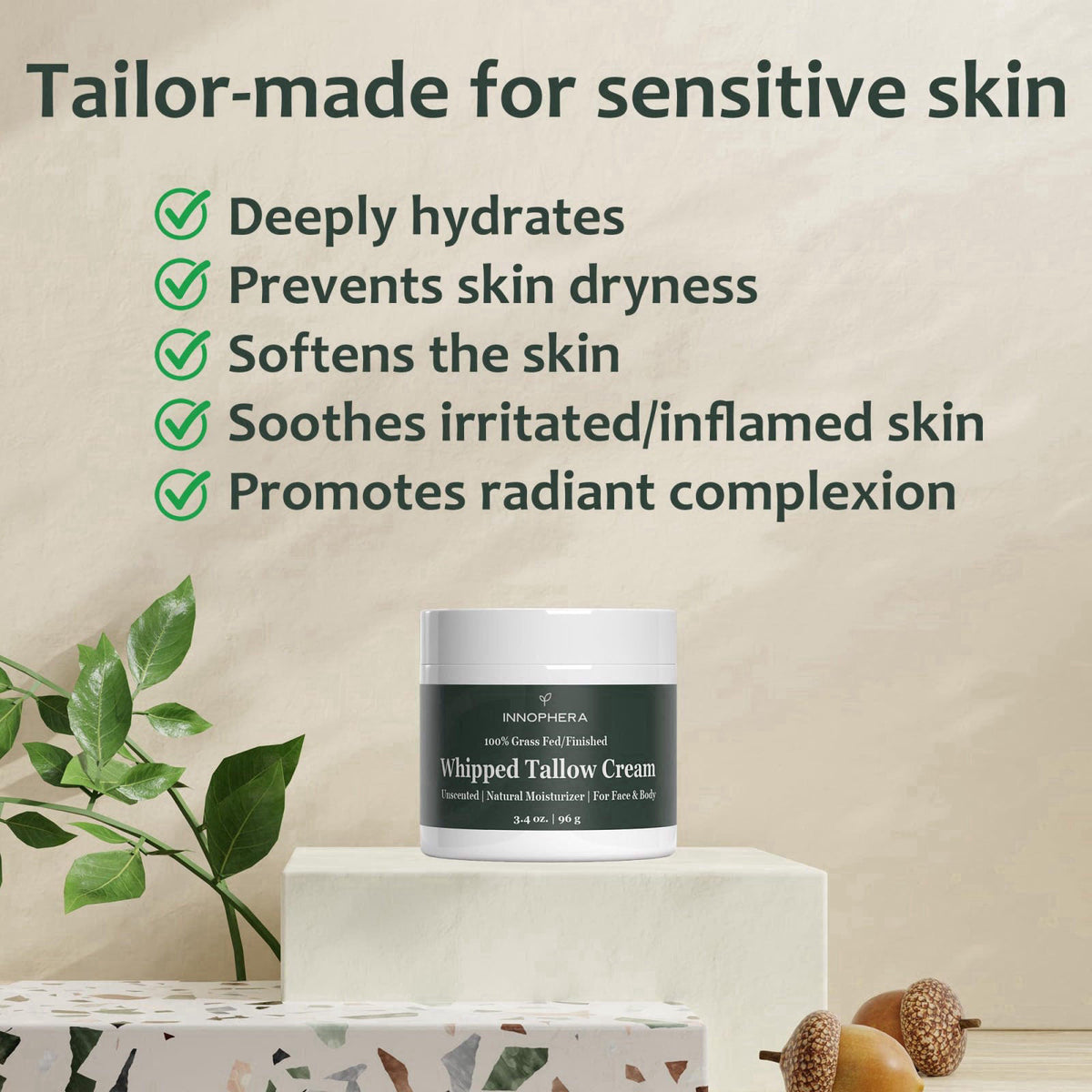 Innophera Whipped Beef Tallow Cream for Skin Care ‒ Grass Fed & Grass Finished ‒ 100% Natural Moisturizer for Sensitive 