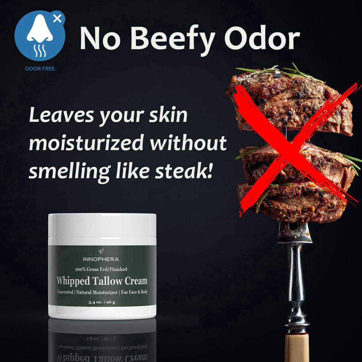 Innophera Whipped Beef Tallow Cream for Skin Care ‒ Grass Fed & Grass Finished ‒ 100% Natural Moisturizer for Sensitive 