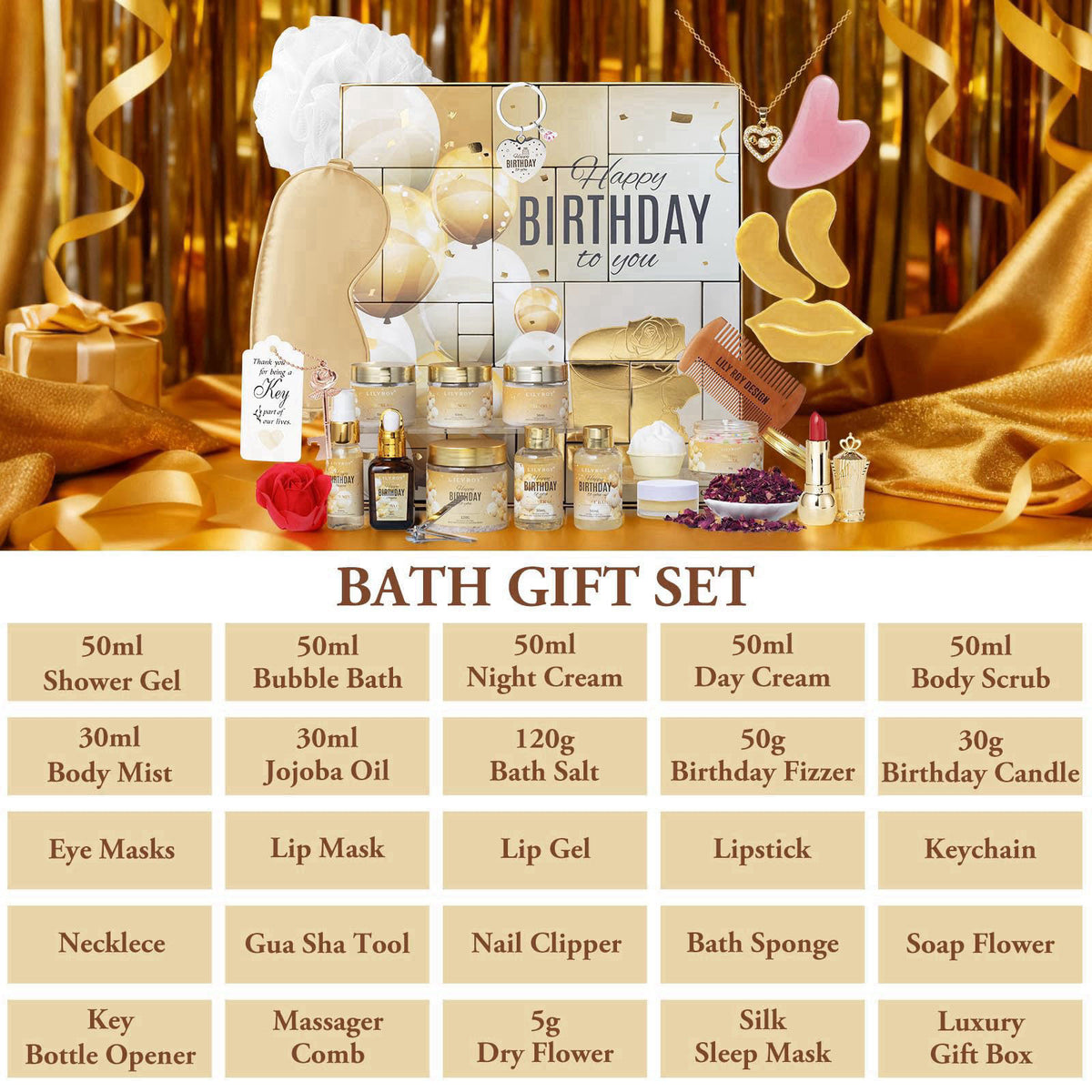 LILY ROY 24Pcs Birthday Gifts - Happy Birthday Presents Bath Spa Gift Set for Women – packaging and label