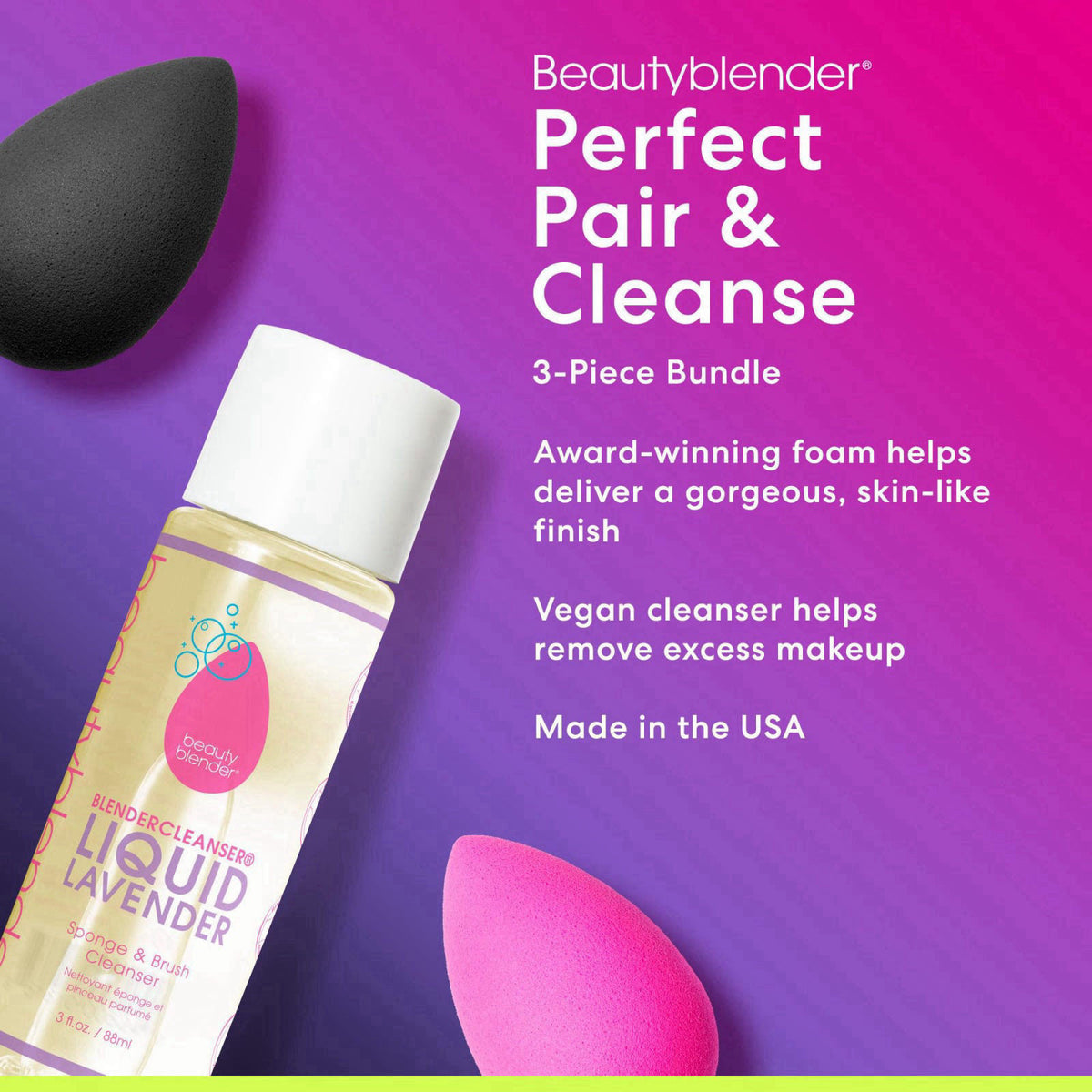 Beautyblender Original Pink + Pro Black Duo + Blendercleanser – close-up detail in Original & Pro with Cleanser