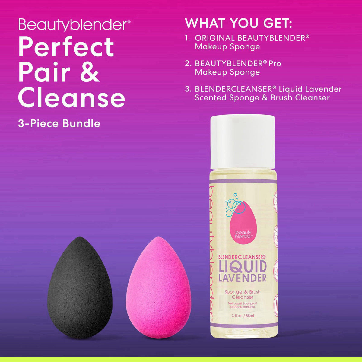Beautyblender Original Pink + Pro Black Duo + Blendercleanser – packaging and label