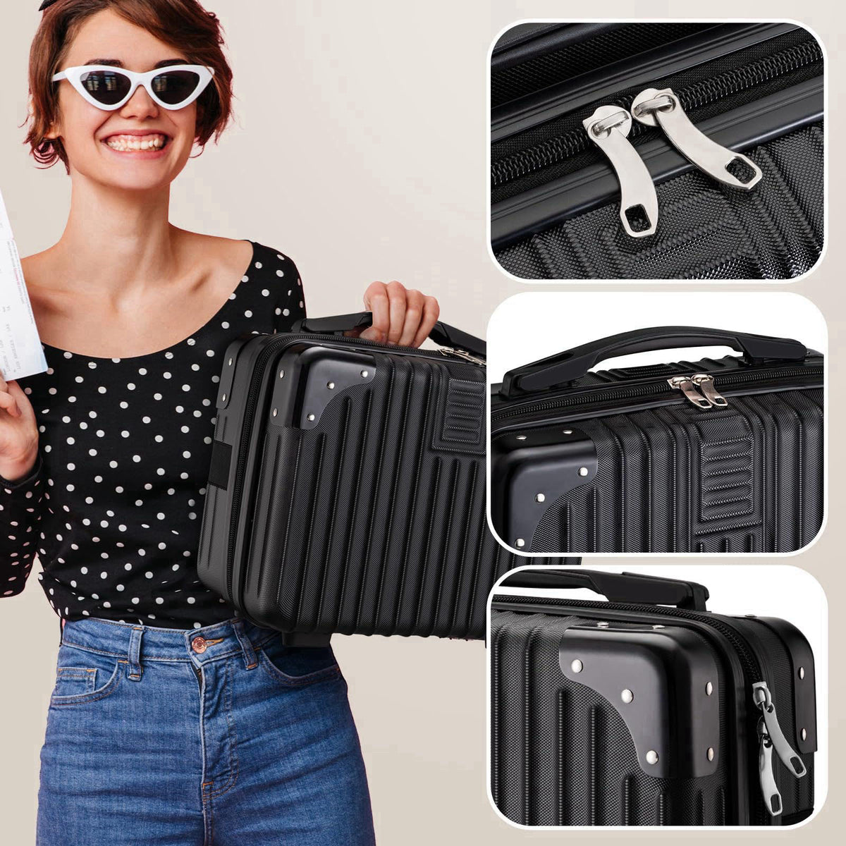 Noverlife 14in Portable Hard Shell Cosmetic Travel Case with Elastic Strap – full view