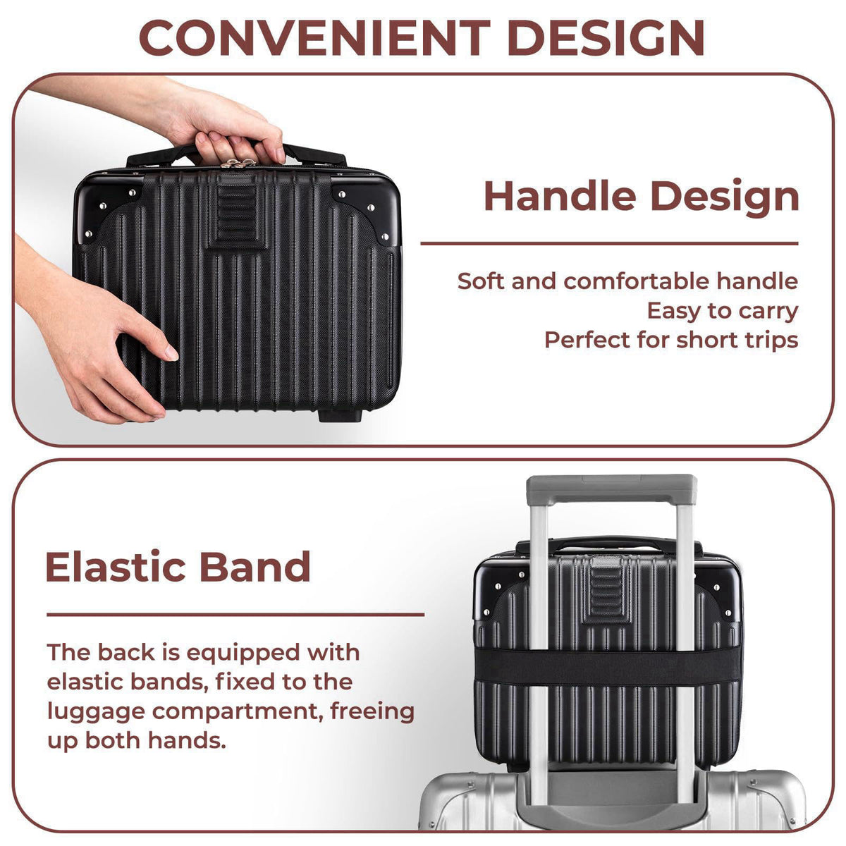 Noverlife 14in Portable Hard Shell Cosmetic Travel Case with Elastic Strap – back view and specifications
