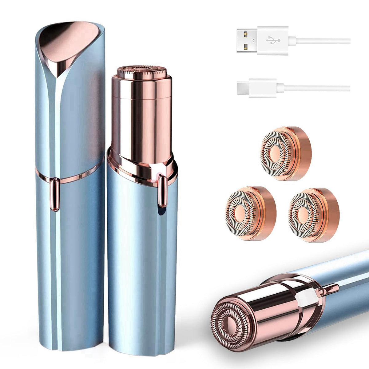 tuokiy Facial Hair Removal for Women, USB Rechargeable, 3 Replacement Heads – Blue, Stainless Steel