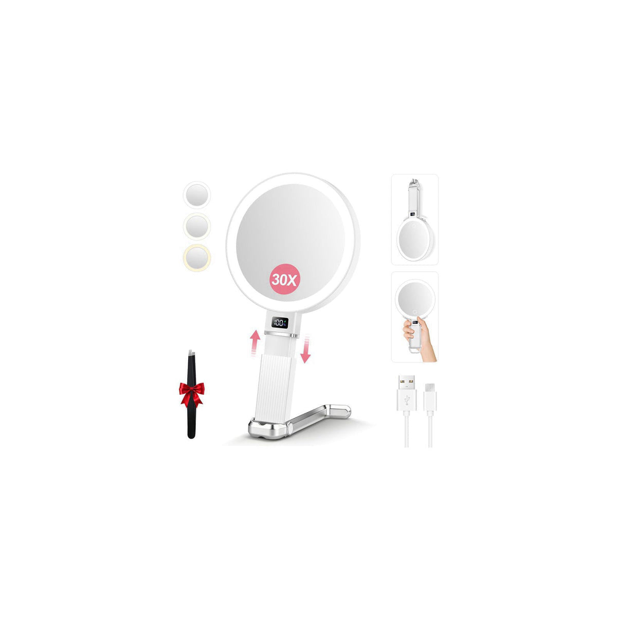 MOMOKUBA 30X Travel Magnifying Mirror with Light, Height Adjustable Vanity Mirror with Phone Holder Stand, Portable Comp