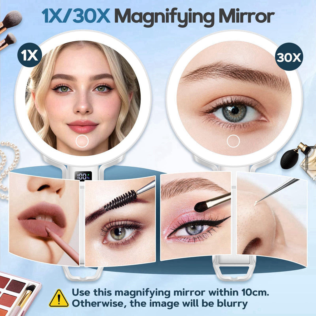 MOMOKUBA 30X Travel Magnifying Mirror with Light, Height Adjustable Vanity Mirror with Phone Holder Stand, Portable Comp
