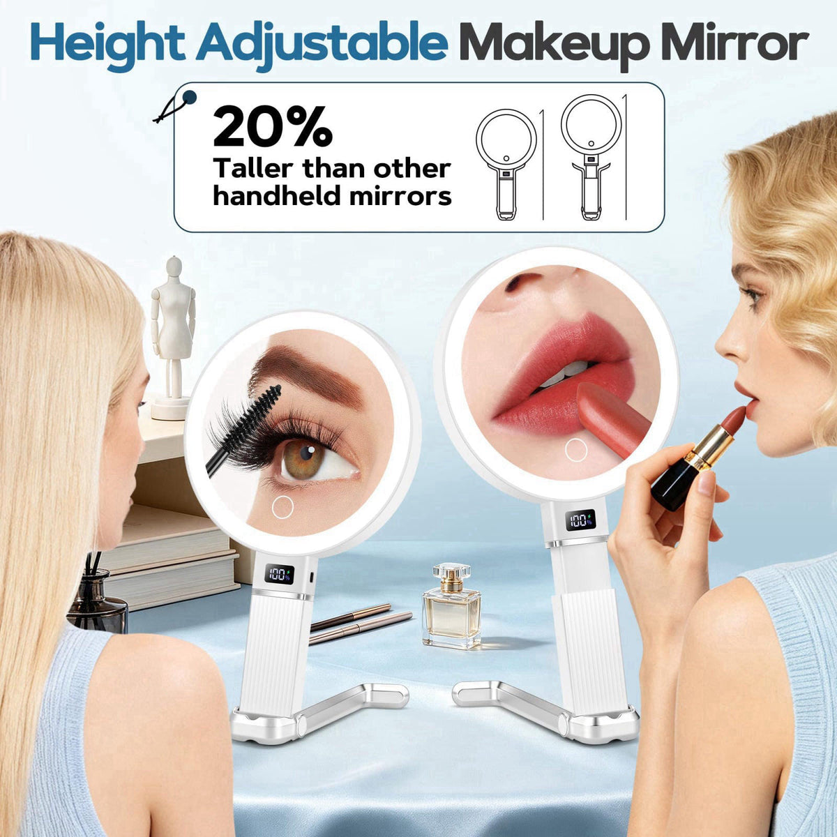 MOMOKUBA 30X Travel Magnifying Mirror with Light, Height Adjustable Vanity Mirror with Phone Holder Stand, Portable Comp