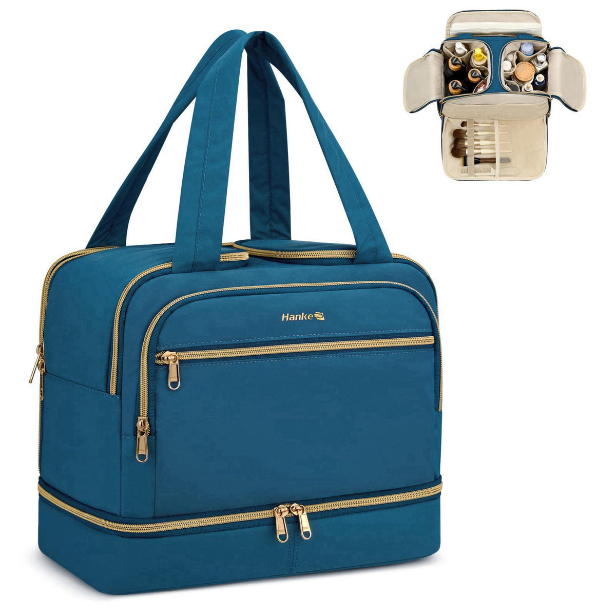 Hanke Travel Toiletry Bag, Lightweight Wide-open Large Toiletry Bags for Women, Dual-Layer Makeup Bag Water-Resistant Co