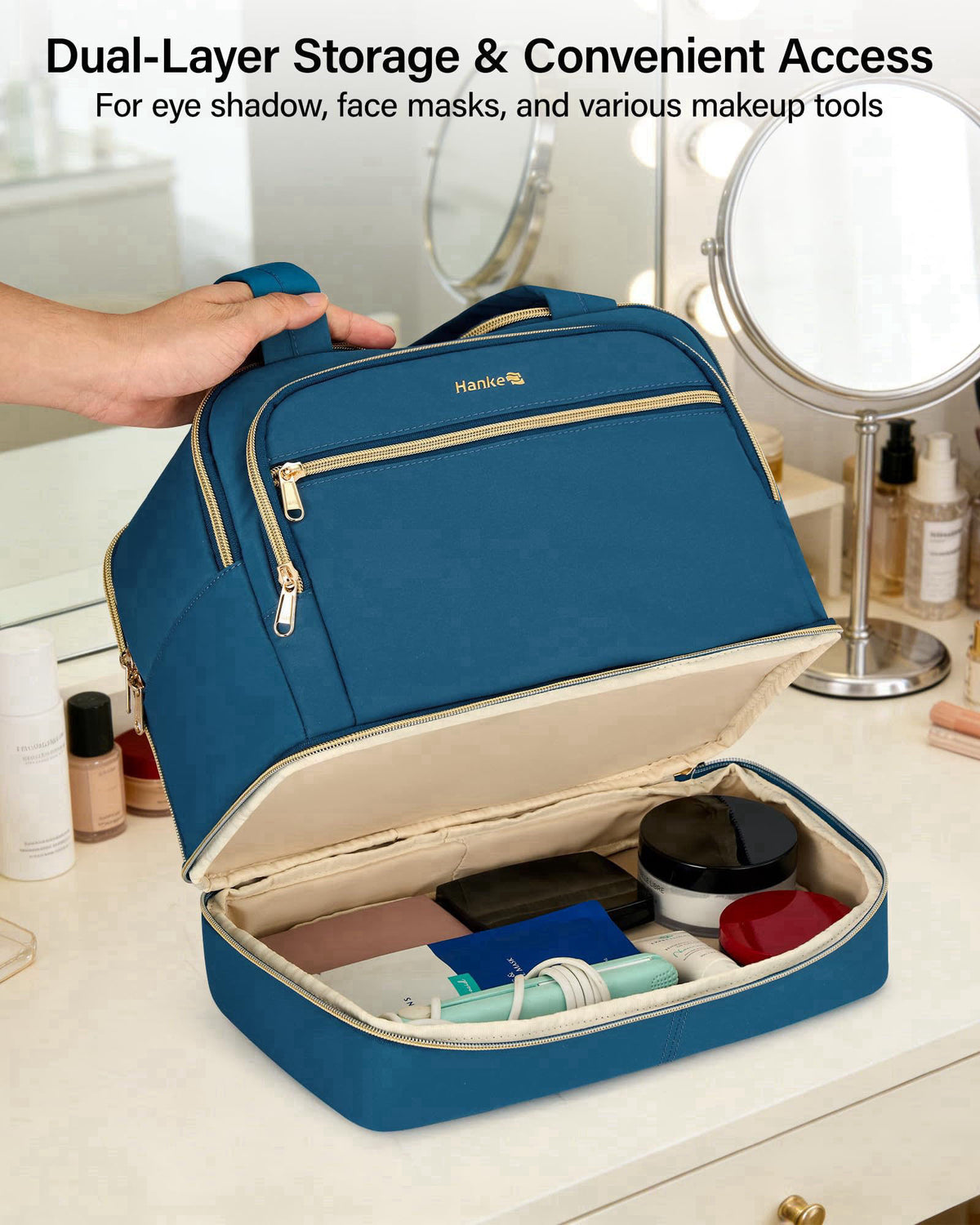 Hanke Travel Toiletry Bag, Lightweight Wide-open Large Toiletry Bags for Women, Dual-Layer Makeup Bag Water-Resistant Co