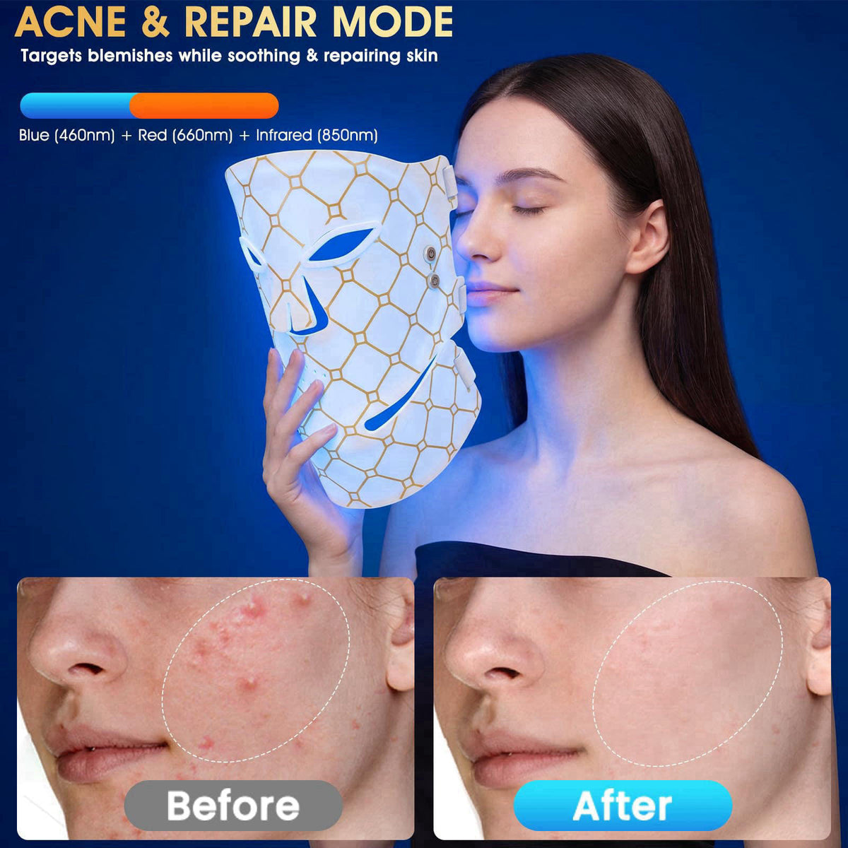 CoolPump Upgraded Red Light Therapy Mask for Face and Neck,Cordless LED Face Mask – back view and specifications
