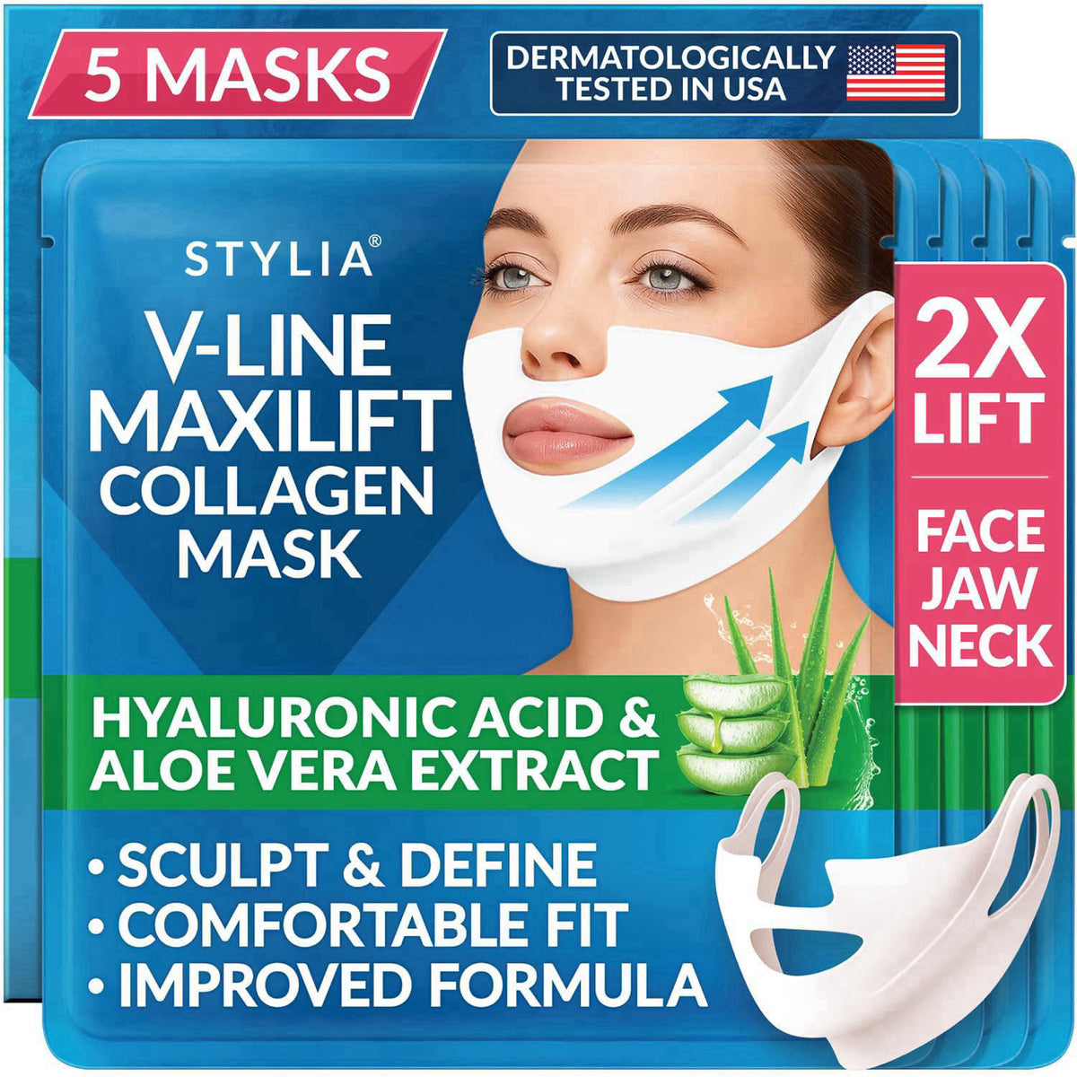 Stylia MaxiLift V-Line Lifting Collagen Face Mask - Double Chin Strap - Jawline Shaper & Face Tightener - Neck Firming a