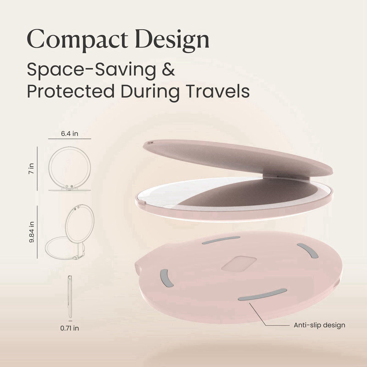 LEDIONOPTO Lighted Makeup Mirror, 8" Travel Mirror, Rechargeable & Portable – close-up detail in Beige