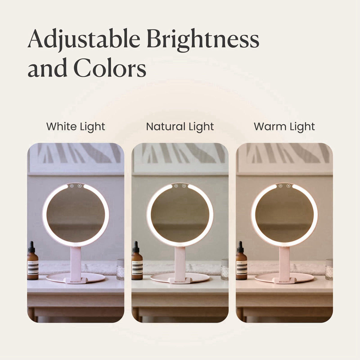 LEDIONOPTO Lighted Makeup Mirror, 8" Travel Mirror, Rechargeable & Portable – back view and specifications