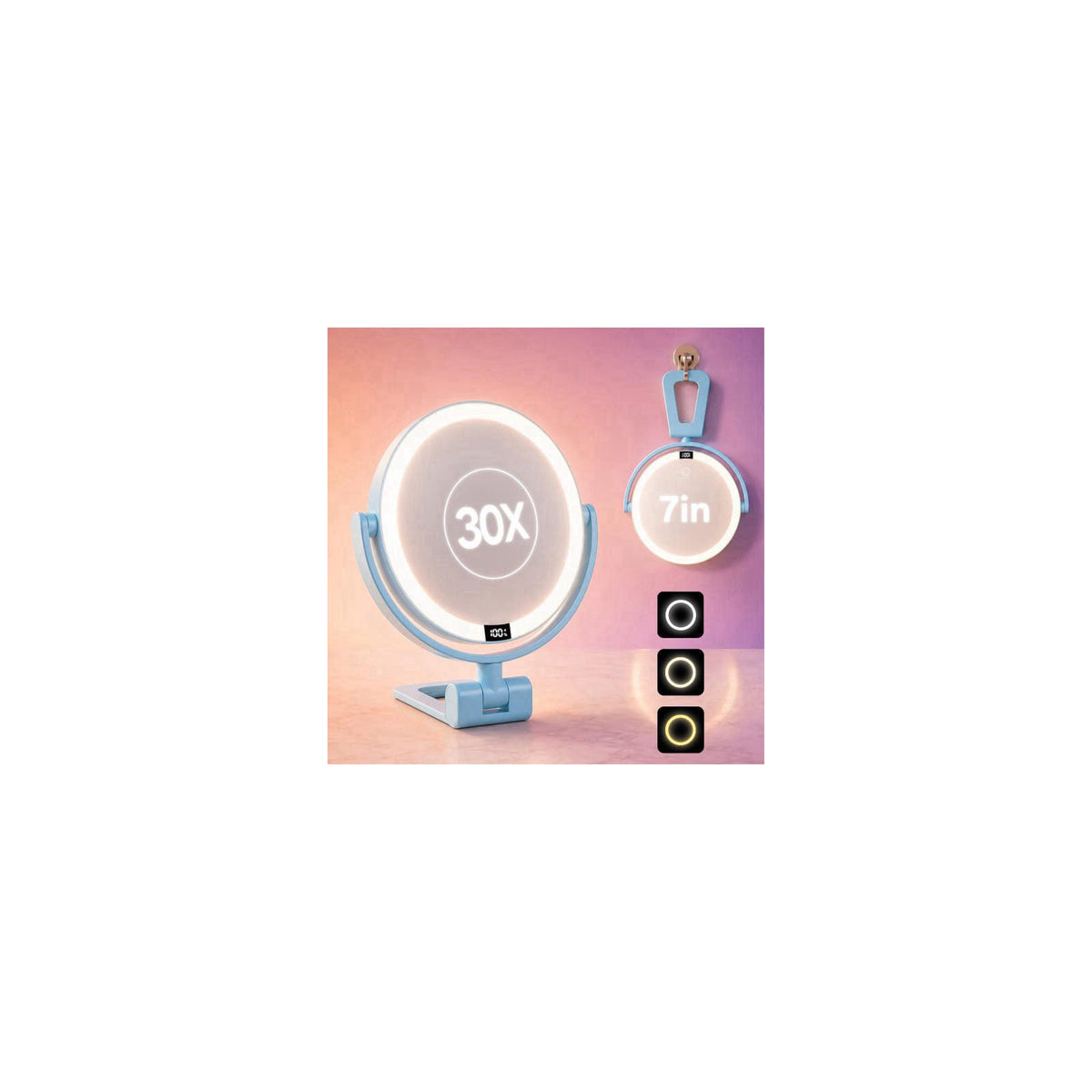 ELYYSORA 1X/30X Makeup Mirror with Lights, Magnifying Mirror (Sky Blue) – product photo (Mirrors)
