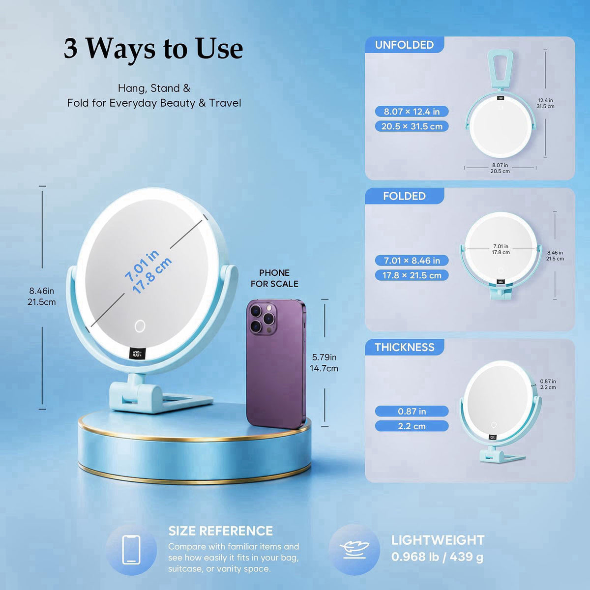 ELYYSORA 1X/30X Makeup Mirror with Lights, Magnifying Mirror (Sky Blue) – close-up detail