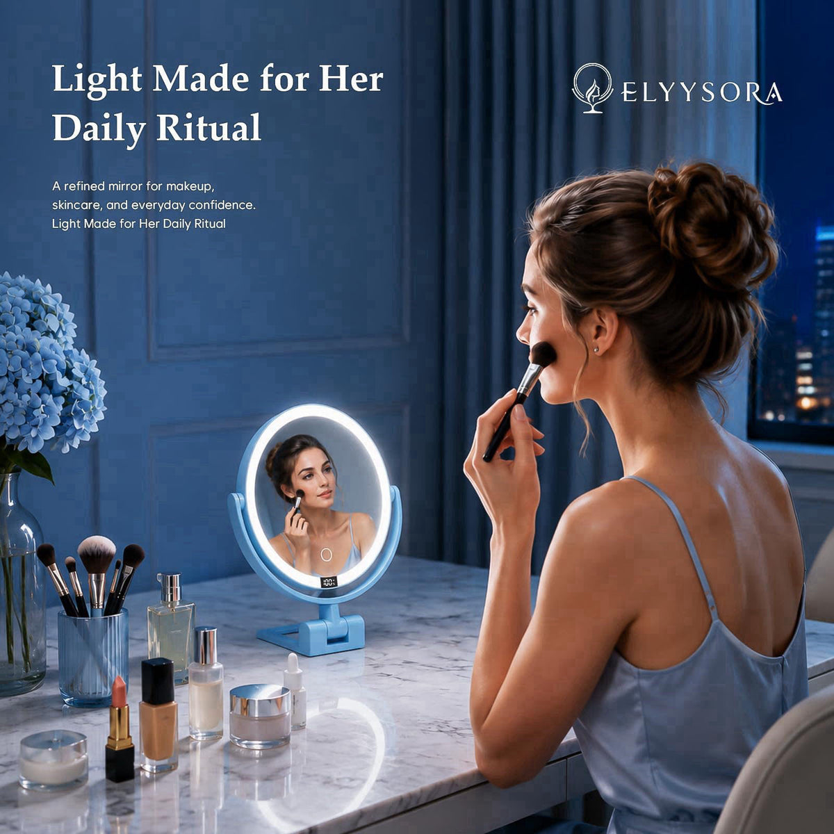 ELYYSORA 1X/30X Makeup Mirror with Lights, Magnifying Mirror (Sky Blue) – packaging and label