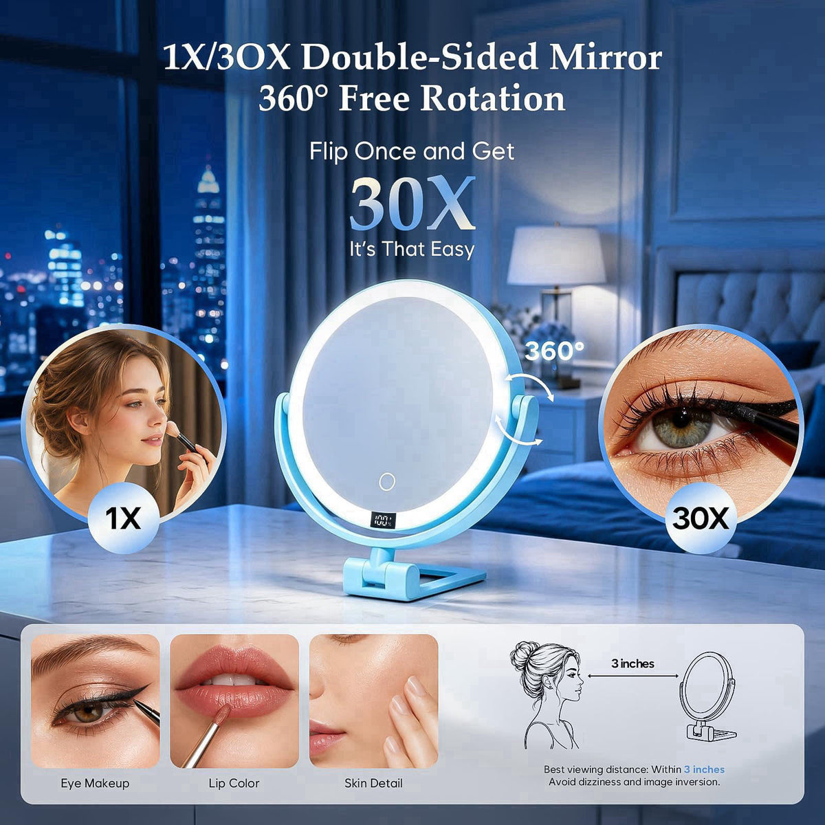 ELYYSORA 1X/30X Makeup Mirror with Lights, Magnifying Mirror (Sky Blue) – alternate angle
