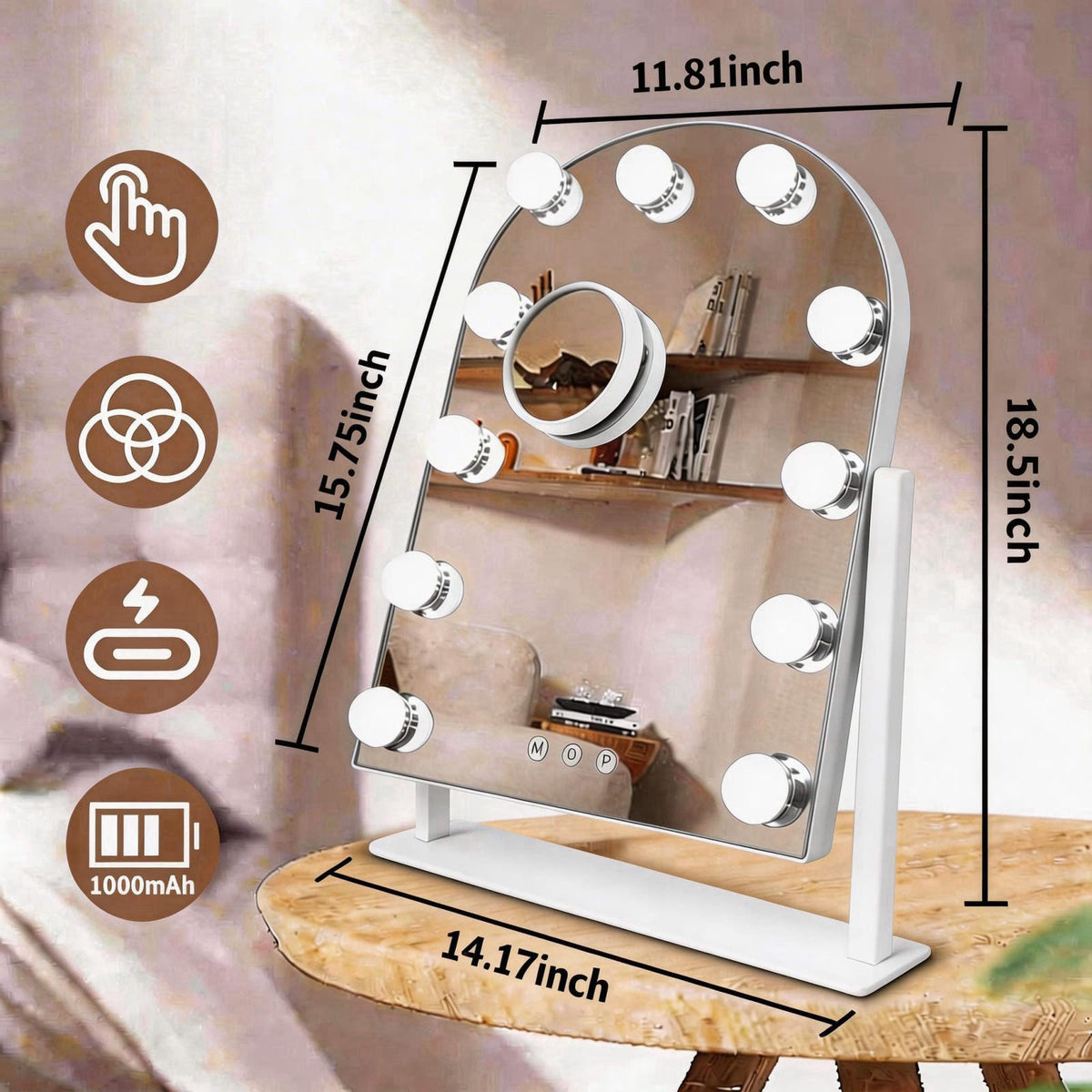 SLIMOON Arched Makeup Vanity Mirror with Lights,10X,White 18.5"x 14.17" – close-up detail in White Gold Black Wh