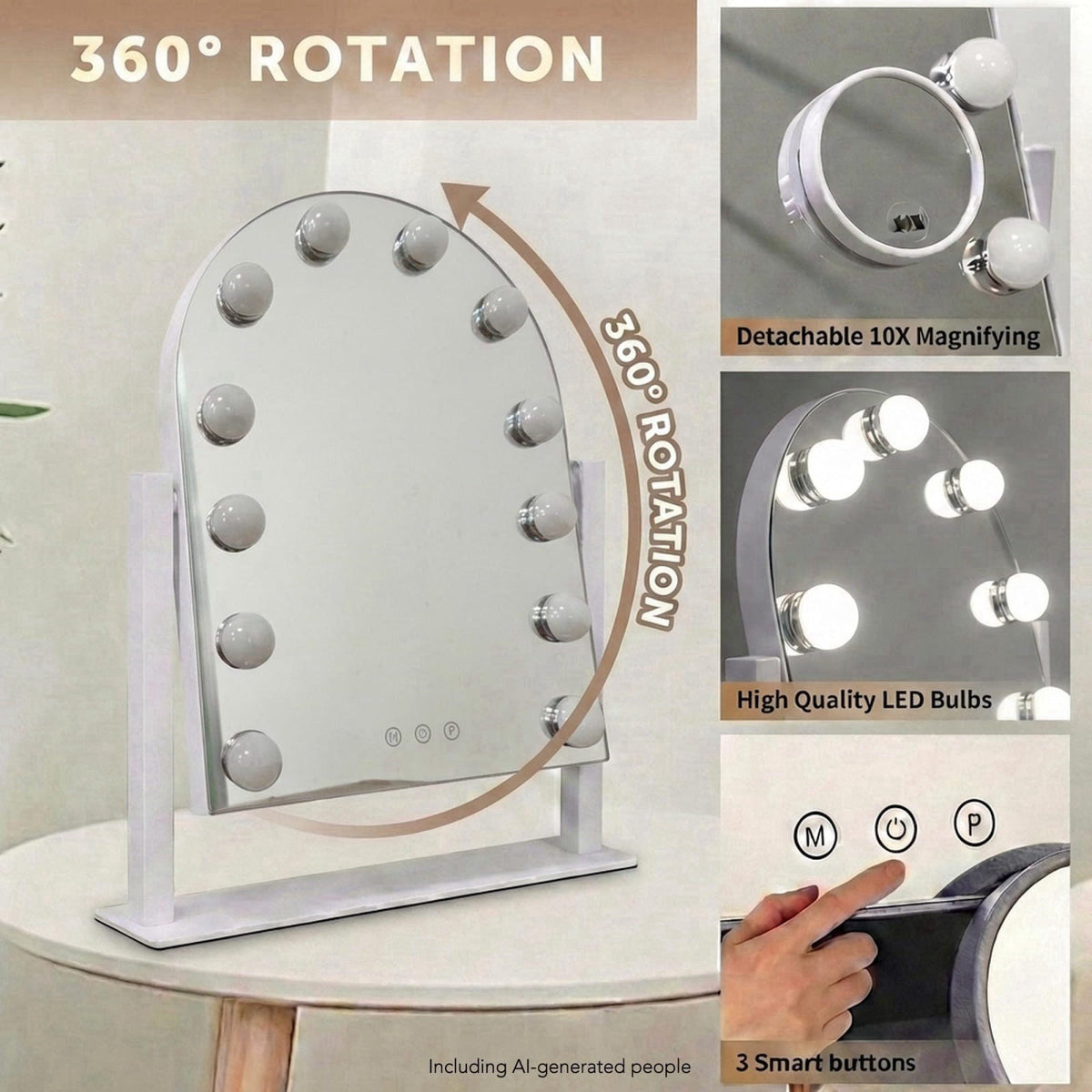 SLIMOON Arched Makeup Vanity Mirror with Lights,10X,White 18.5"x 14.17" – back view and specifications
