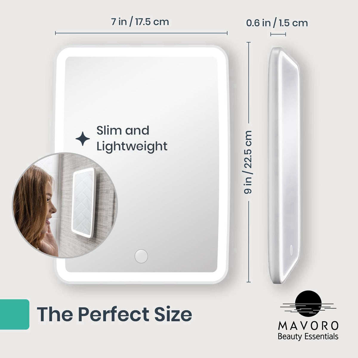 Mavoro 7x9 LED Makeup Mirror | Glass | 3M Wall Mount | Table Stand – close-up detail in Led