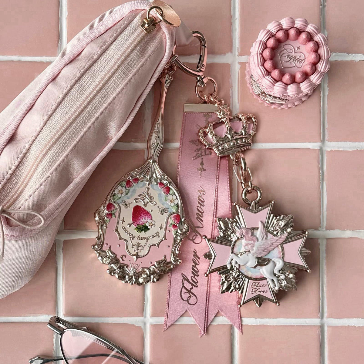 Flower Knows Strawberry Rococo Miniature Mirror Charm, Soft Pink Travel-Size Mirror Keychain with Easy-to-Hold Handle & 