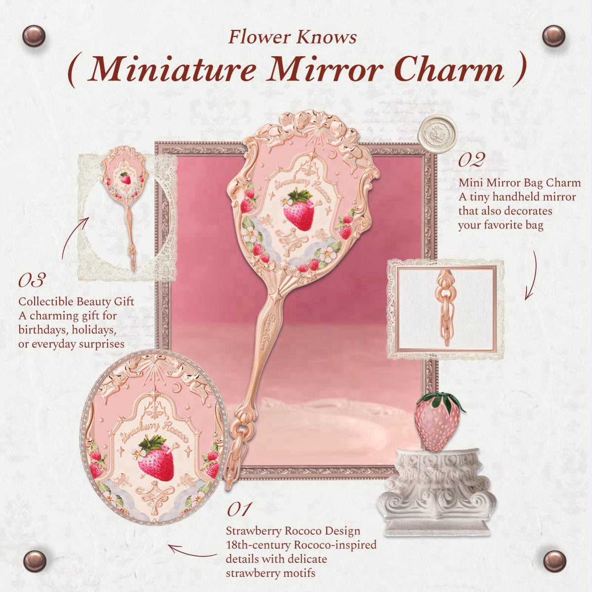 Flower Knows Strawberry Rococo Miniature Mirror Charm, Soft Pink Travel-Size Mirror Keychain with Easy-to-Hold Handle & 