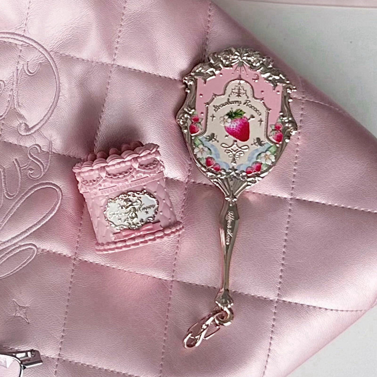 Flower Knows Strawberry Rococo Miniature Mirror Charm, Soft Pink Travel-Size Mirror Keychain with Easy-to-Hold Handle & 
