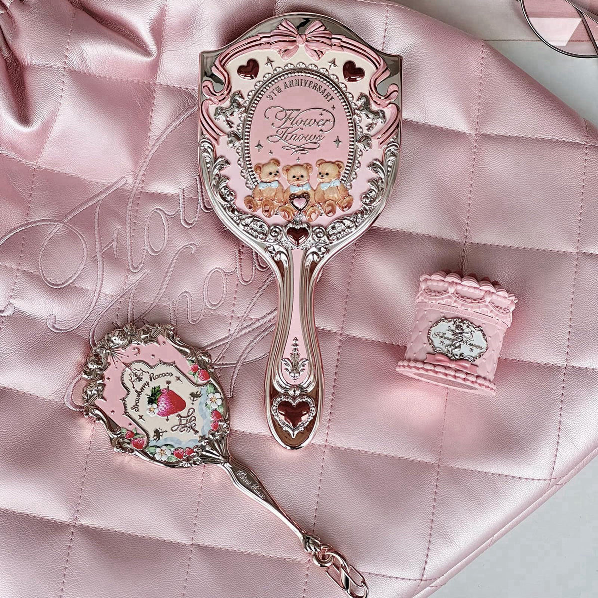 Flower Knows Strawberry Rococo Miniature Mirror Charm, Soft Pink Travel-Size Mirror Keychain with Easy-to-Hold Handle & 