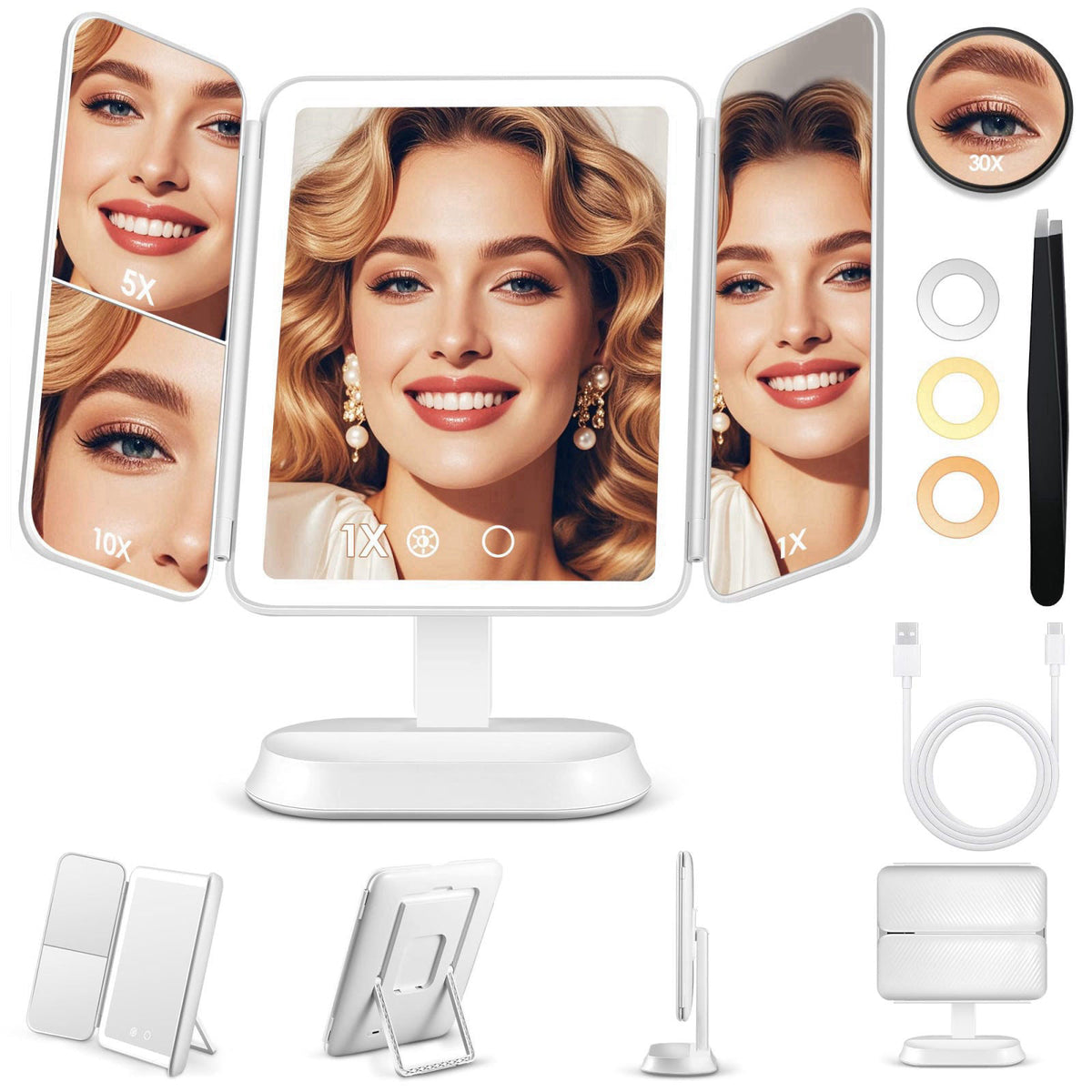 GOMIPURU Makeup Mirror with Lights and 10X/5X/1X Magnification, Vanity Mirror with 3 Color Lights, Rechargeable, Detacha