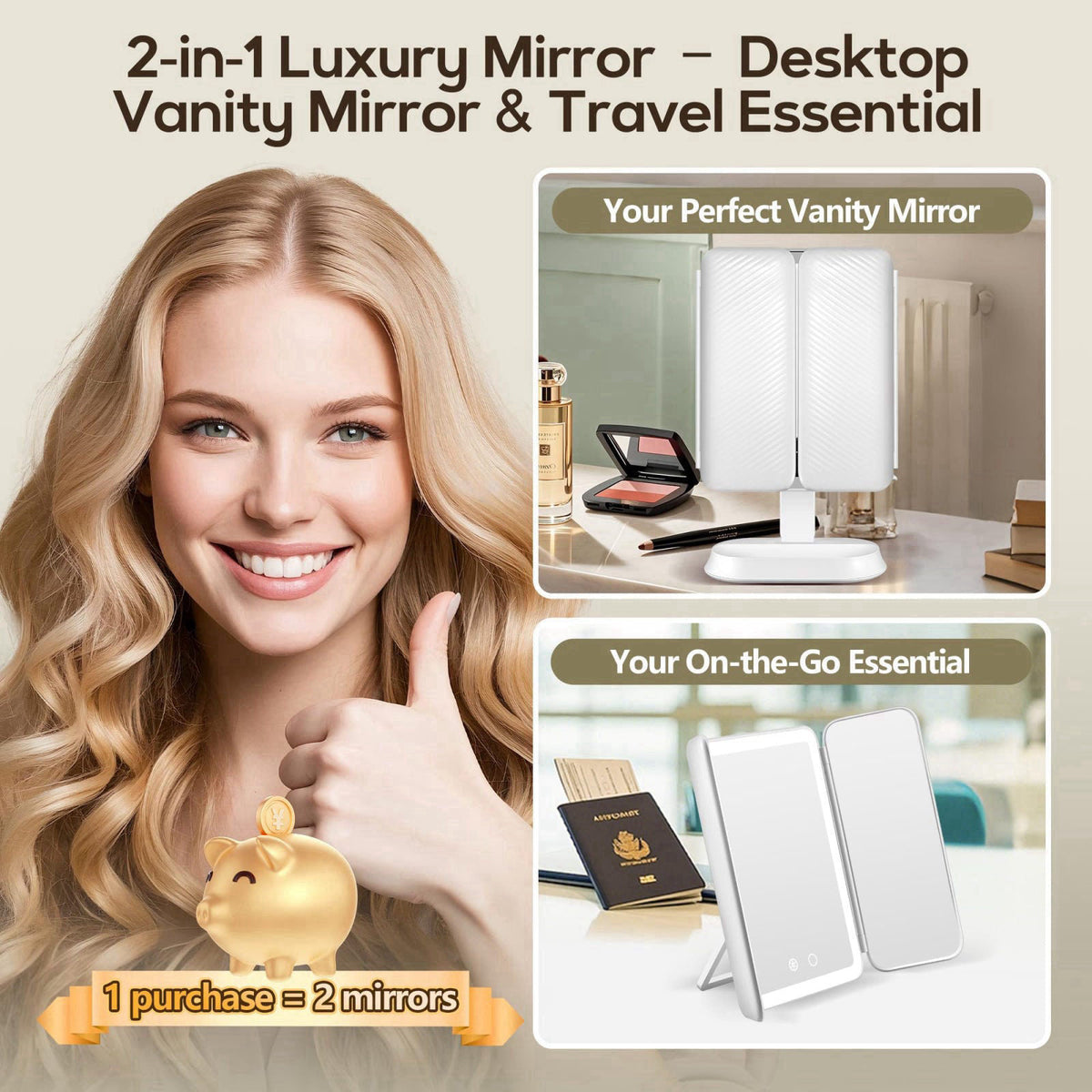 GOMIPURU Makeup Mirror with Lights and 10X/5X/1X Magnification, Vanity Mirror with 3 Color Lights, Rechargeable, Detacha