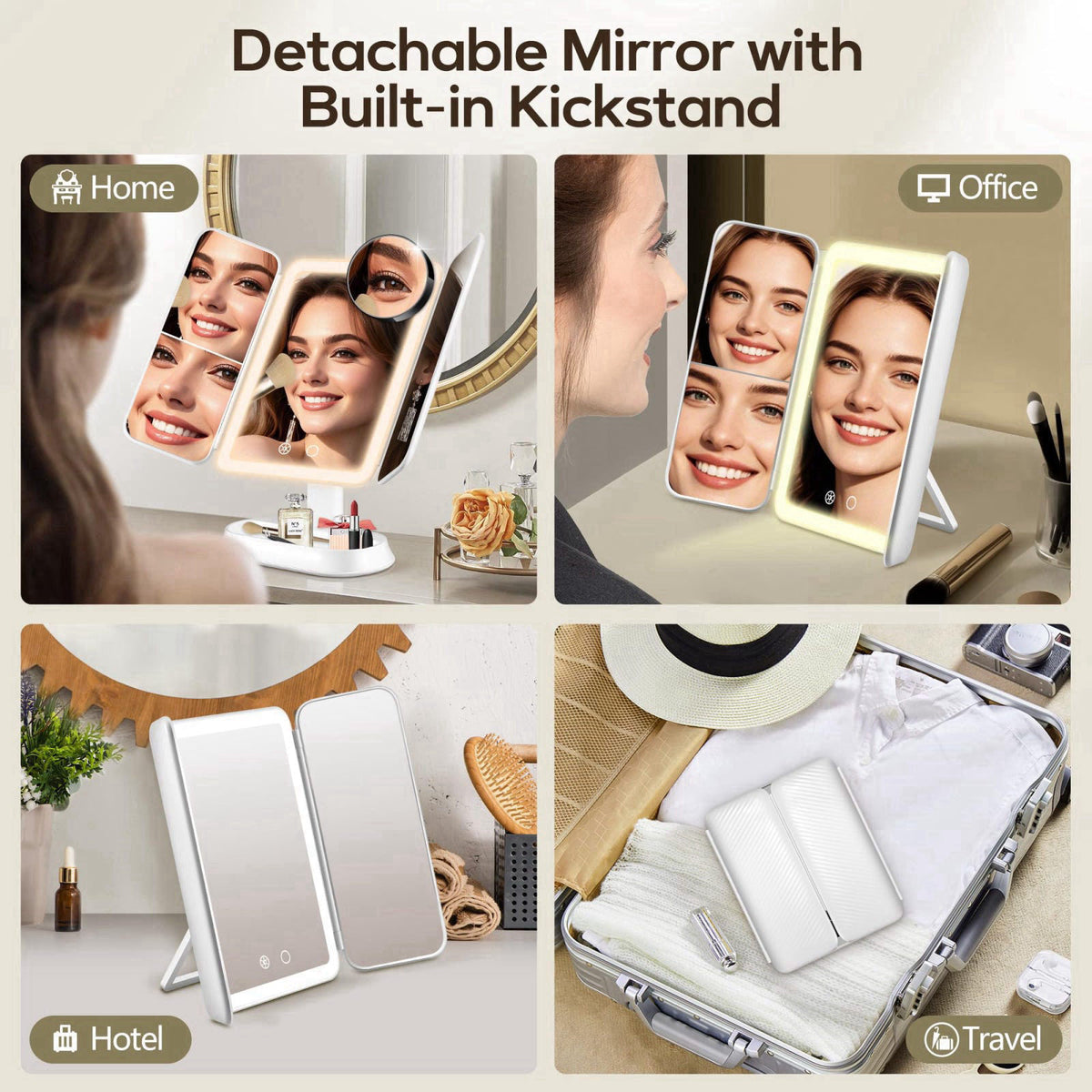 GOMIPURU Makeup Mirror with Lights and 10X/5X/1X Magnification, Vanity Mirror with 3 Color Lights, Rechargeable, Detacha