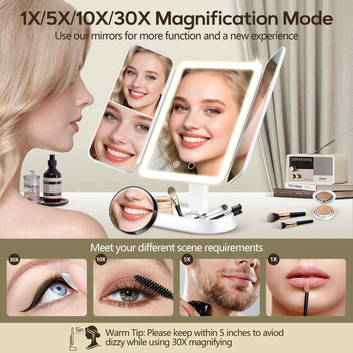 GOMIPURU Makeup Mirror with Lights and 10X/5X/1X Magnification, Vanity Mirror with 3 Color Lights, Rechargeable, Detacha