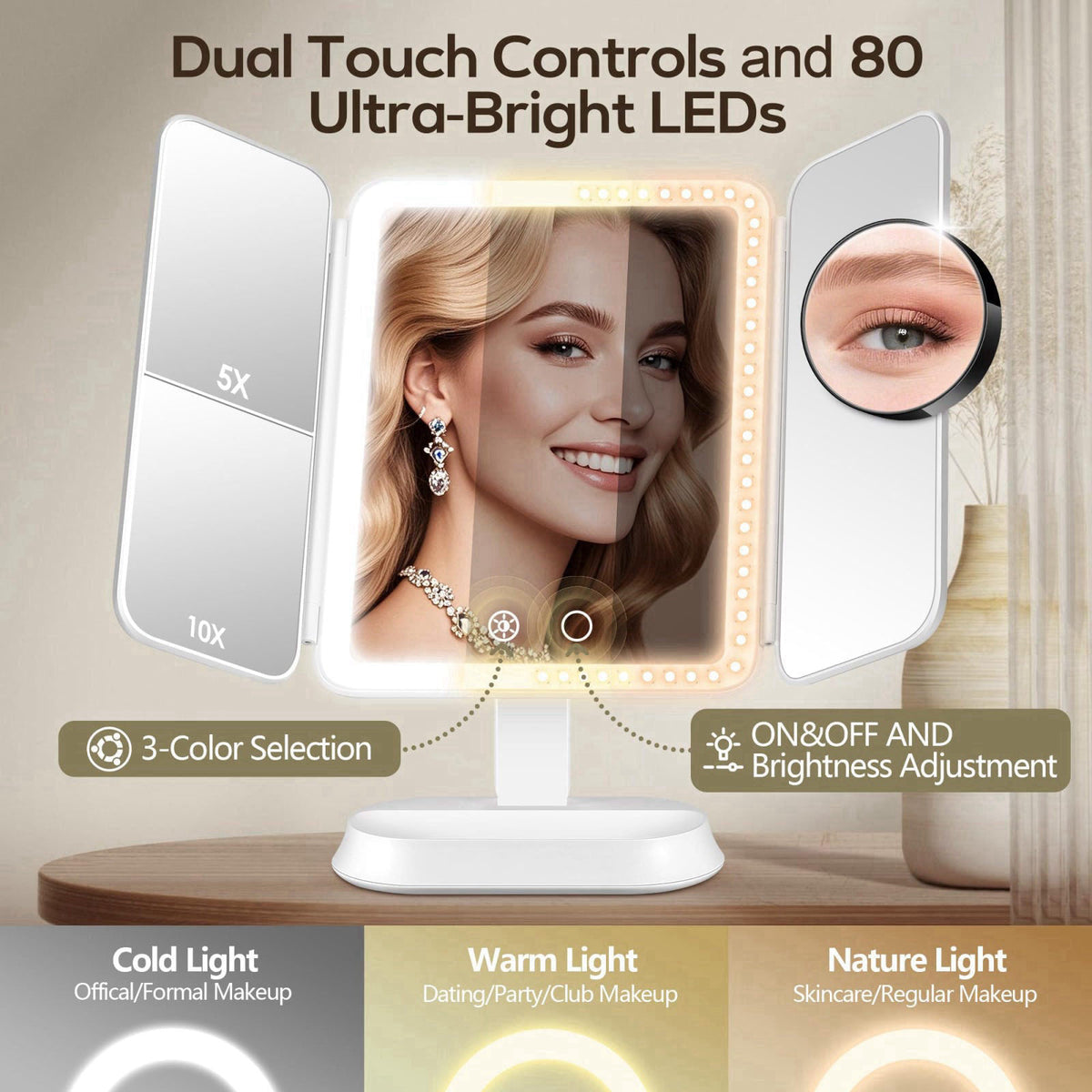 GOMIPURU Makeup Mirror with Lights and 10X/5X/1X Magnification, Vanity Mirror with 3 Color Lights, Rechargeable, Detacha