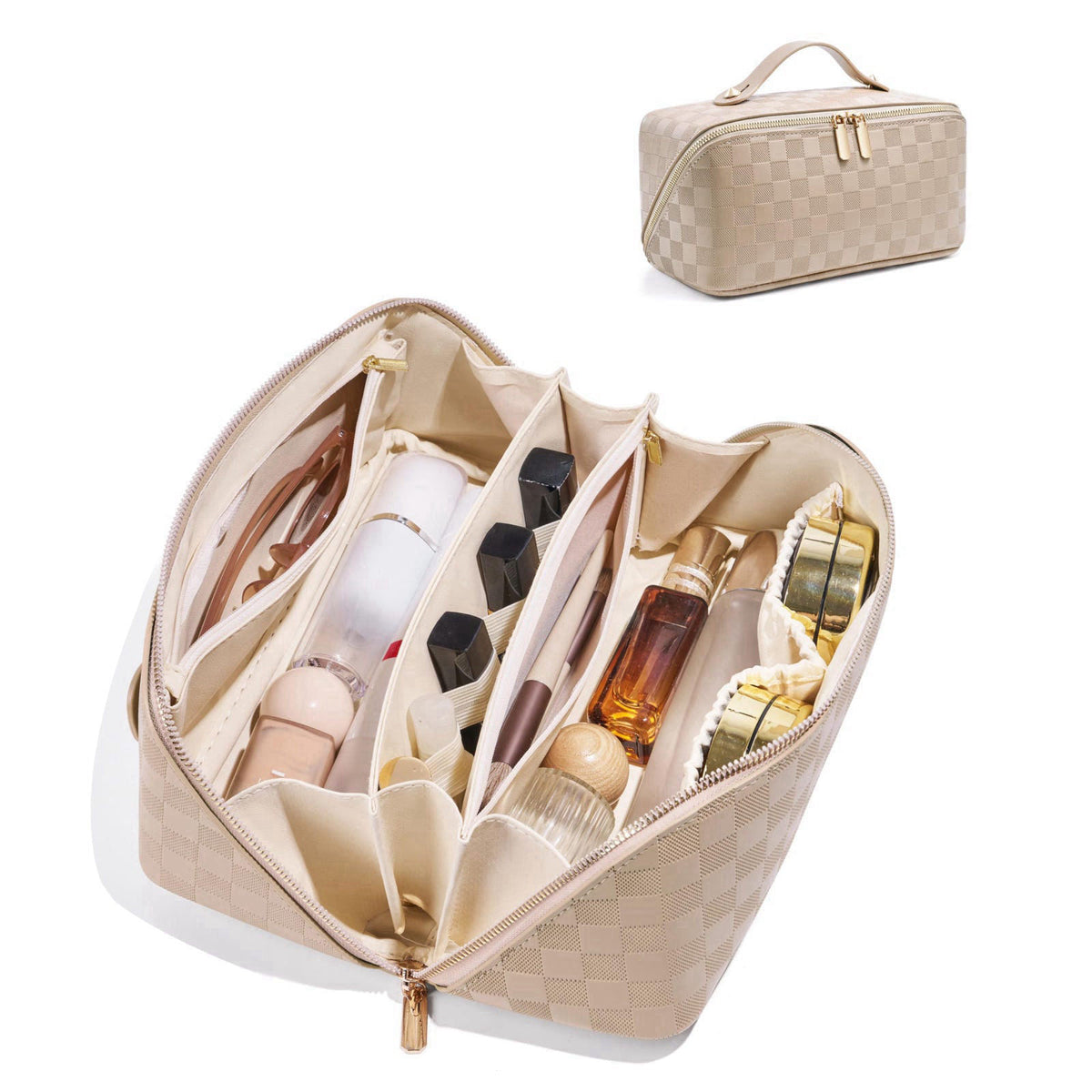 ALEXTINA Large Travel Makeup Bag, Checkered PU Leather Cosmetic Bag, Khaki – khaki-L, Polyurethane